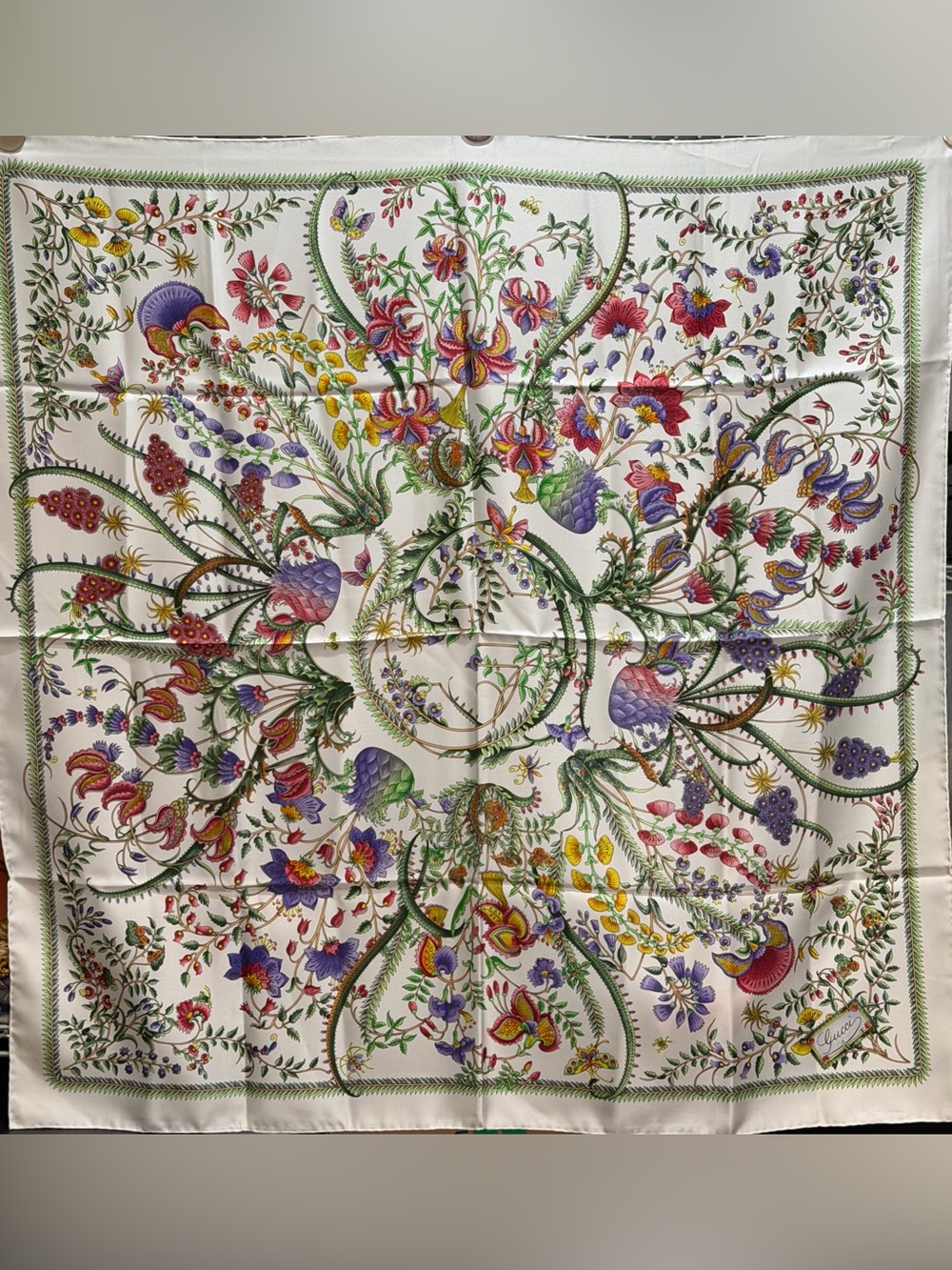 Gucci Cream Silk Scarf with Multicolor Floral & Botanical Motif